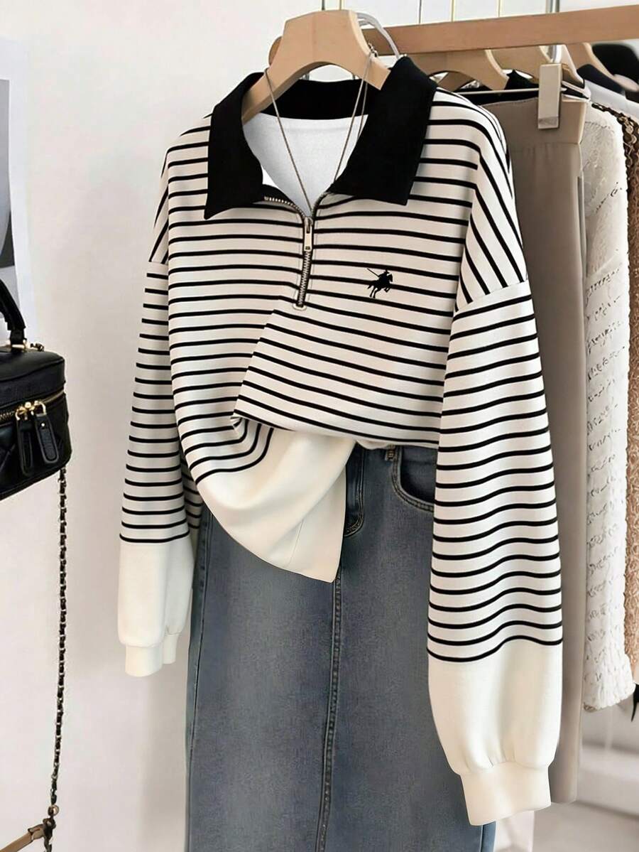 SHEIN Women's Retro Loose Zip-Up Striped & Horse Logo Print Long Sleeve Casual Sweatshirt, Suitable For Spring And Autumn - White - View 1