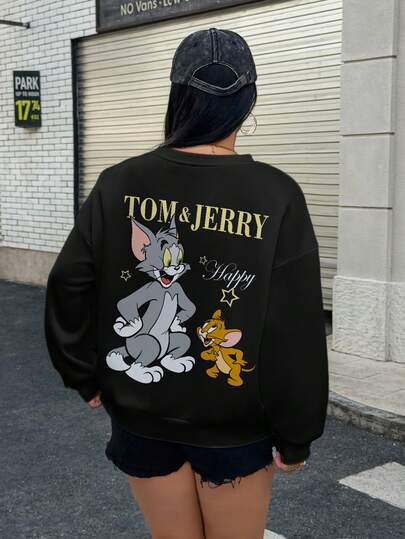 TOM & JERRY X SHEIN Plus Size Casual Letter & Cartoon Graphic Crew Neck Sweatshirt, Autumn