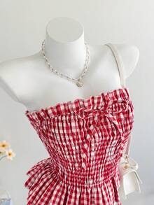 Comfortcana Áo quây nữ màu đỏ kẻ caro có nơ trang trí, áo đỏ mùa hè cho nữ, thanh lịch, đi nghỉ mát, thường ngày, phong cách Y2K, mùa hè, xuân, ngày lễ tình nhân, lễ hội, bãi biển, tiệc sinh nhật, đám cưới, đi chơi, áo kẻ caro. - Nhiều màu - Xem 1