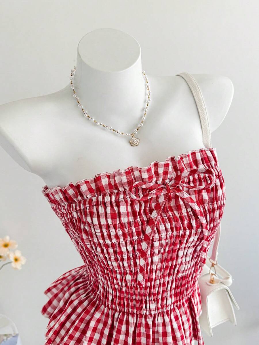 Comfortcana Áo quây nữ màu đỏ kẻ caro có nơ trang trí, áo đỏ mùa hè cho nữ, thanh lịch, đi nghỉ mát, thường ngày, phong cách Y2K, mùa hè, xuân, ngày lễ tình nhân, lễ hội, bãi biển, tiệc sinh nhật, đám cưới, đi chơi, áo kẻ caro. - Nhiều màu - Xem 1