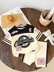 2pcs/Set Retro Sporty Numeric 23 Print Young Girl Casual Minimalist Short Sleeve Top And Shorts Set, Suitable For Summer, Back To School, 2000s Style, Korean Style, Autumn/Fall, Campus Vibe, City Walk, Outdoor Picnic, Streetwear - Multicolor - View 2