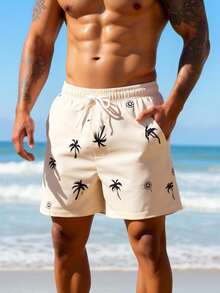 Manfinity Swimmode Pantalones cortos de playa con cintura elástica, cordón y bolsillo con estampado de palmeras para hombres - Albaricoque - Ver 5