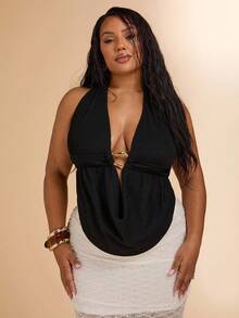 SHEIN BAE Áo tank top cỡ lớn dành cho nữ, kiểu dáng thanh lịch, cổ yếm xếp ly, đính kim loại, thích hợp mặc mùa hè, phong cách boho, đi nghỉ mát, mùa hè. - màu đen - Xem 7