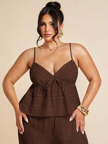 SHEIN BAE Plus Size Women's White Linen Camisole Top, Lace Patchwork Blouse, Suitable For Concerts, Spring/Summer/ - Coffee Brown - View 5
