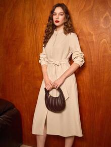 Uhlyne Uhlyne Women's Light Beige Elegant Autumn Long Dress, Office Commuting Style, Stand-Up Collar, Front-Button Design, Cinched Waist Waist, Jacquard Pleats For Parties - Apricot - View 1