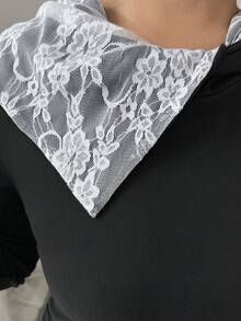Elenzga 女士休闲黑白撞色蕾丝边优雅T恤，适合春、夏、秋、冬、派对、新年、感恩节、圣诞节、情人节、万圣节等休闲场合穿着 - 黑色 - 查看 4