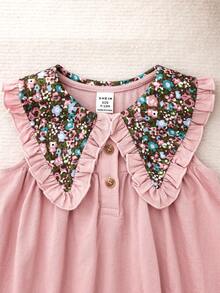 Babygirl Cute Floral Print Casual Vacation Peter Pan Collar Dress - Deep pink - View 3