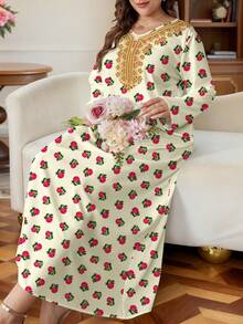 SHEIN Najma 大码女式花卉、植物和几何印花V领长袖优雅阿拉伯风格长裙，杏色，春秋季女式长袍，女式连衣裙，女式库尔塔，土耳其连衣裙 - 彩色 - 查看 3