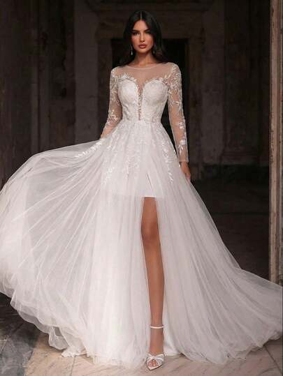 Glamrae Elegante y lujoso vestido maxi con cuello en V, bordado de encaje, contraste de malla plisada, con abertura y cola, adecuado para bodas, eventos, despedidas de soltera, luna de miel, vestidos de novia, para el Día de San Valentín