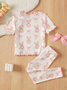 SHEIN Young Girls Cute Cartoon Pattern Ruffle Trim Round Neck Short Sleeve Top And Pants Knit Comfy Fitted Pajama Set, 2pcs - Beige - View 2