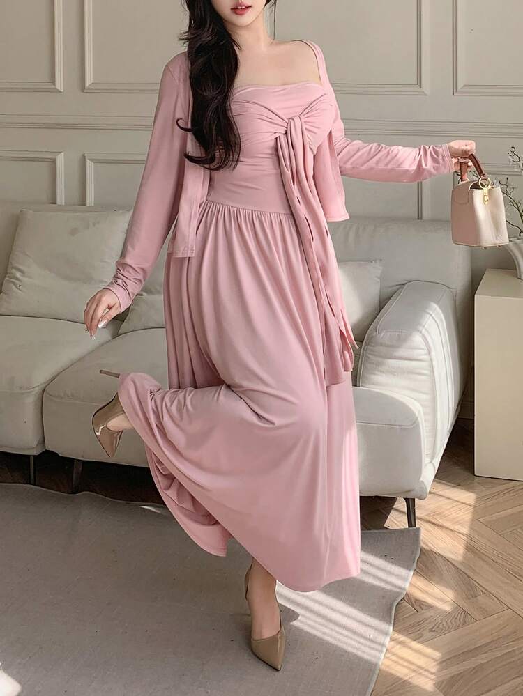 Dazy Plus Solid Color Wrap Tie Front Sleeveless Maxi Knit Dress Cardigan Cropped Top, Plus Size, Pink, Spring/Summer Lounge Sets For Women