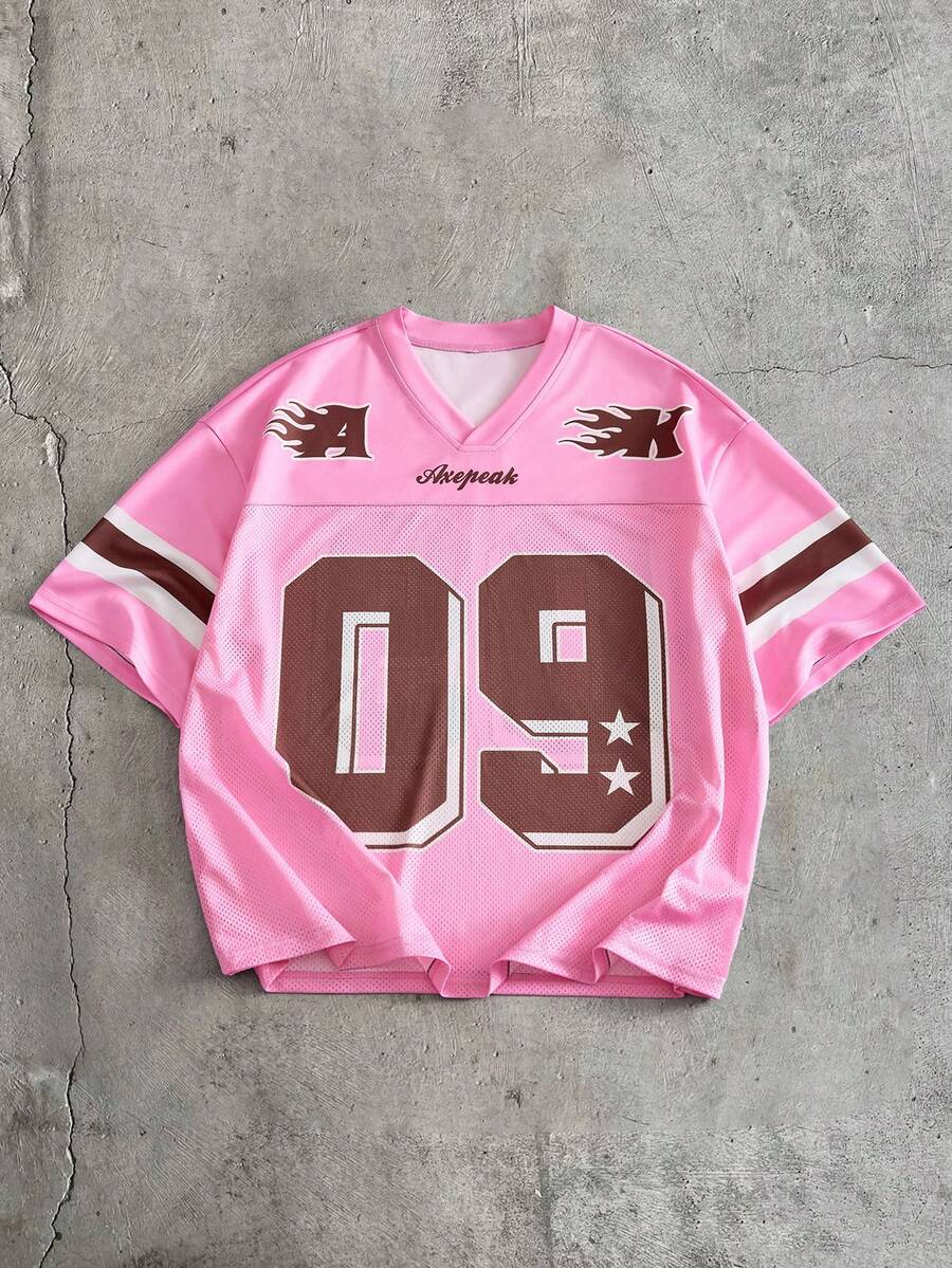 Men's AXEPEAK Casual Fashionable Numeric Print T-Shirt Oversize Vintage T Shirt Pink Jersey Pink Streetwear Pink Graphic Shirt Mesh Jersey - Pink - View 1