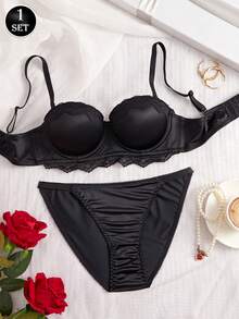 2 Pieces Set Women's Comfortable Solid Color Shiny Smooth Bra Flower Lace Scallop Trim Border Decoration Sexy Balcony Cup Steel Ring Instantlift Bra Lingerie Set - Black - View 3