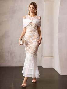 MOTF Soiréza Đầm maxi dự tiệc cổ tròn thanh lịch dành cho nữ, phối ren organza, dáng đuôi cá ôm sát, hoàn hảo cho đám cưới, dạ hội và tiệc sinh nhật. - trắng - Xem 5