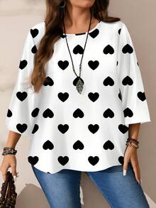 EMERY ROSE 大码女式浪漫休闲黑白爱心印花宽松七分袖衬衫，情人节爱心衬衫，情人节礼物 - 黑與白 - 查看 3