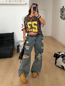 Coolane 女士加大码春夏节日复古街头运动风印花棒球衫T恤，豹纹上衣，秋季服装，猎豹纹上衣，豹纹上衣 - 咖啡棕 - 查看 2