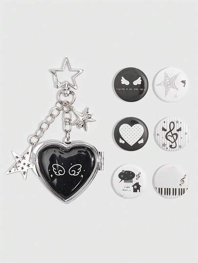 ROMWE Kawaii 7件套可爱Y2K风格小翅膀小爱心包包挂饰，可爱便签，星星推包挂件，爱心小镜子钥匙扣，学院风蝴蝶结学生包包搭配，适合音乐节、返校季、开学季、生日节日礼物。