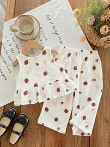 LMoss Kids 2pcs Baby Girl Cherry Print Woven Vest And Pants Set