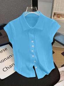 GlowEve Summer Casual Solid Color Button Front T-Shirt - Blue - View 1