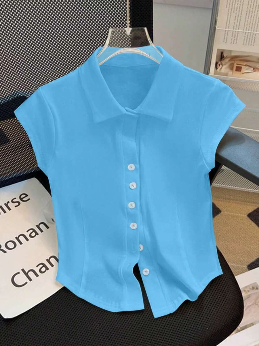 GlowEve Summer Casual Solid Color Button Front T-Shirt - Blue - View 1