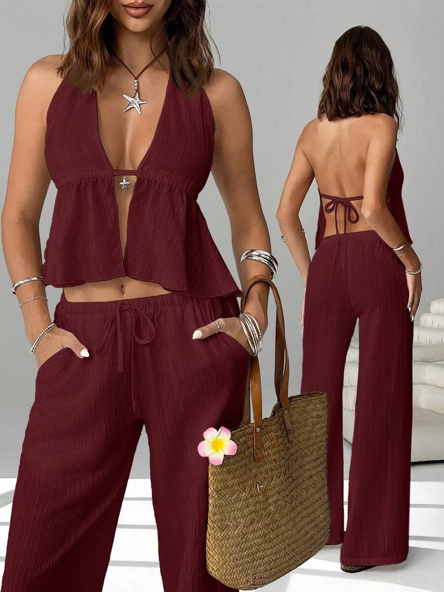 SHEIN EZwear 2pcs/Set Women Woven Backless Halter Top And Pants Casual Vacation Outfit, Deep Wine Red Two Piece Vacation Set Women Summer 2 Piece Sets Woman Pant Suit Summer Sets Casual Two Piece Set Pants Two Piece Set - Red Violet - View 1