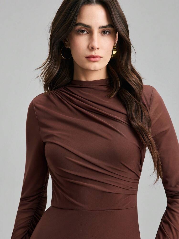 2026SS New Summer Women's Solid Dark Brown Collared Pleated Design Slim Fit Long Sleeve Dress, Urban Chic Business Casual Elegant Versatile Dress, Suitable For Daily Wear, Parties, Gatherings