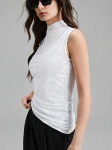 Ontre Women's Asymmetric Asymmetrical Hem Oblique Collar Sleeveless T-Shirt, Urban Commute Business Casual Elegant Top, Suitable For Vacation, Wedding Guest, Party, Summer - White - View 5