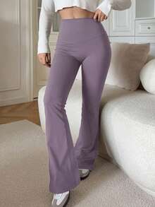 DAZY Women's High Waist Solid Color Casual Slim Fit Flare Pants - Purple - View 2