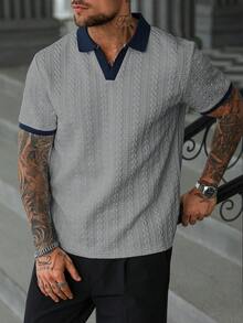 Manfinity Homme Áo Polo nam tay ngắn dáng casual, chất liệu dệt kim, viền ren, màu xám nhạt, tay ngắn, cài nút, thích hợp mặc đi làm hàng ngày, đi chơi cuối tuần, hoạt động ngoài trời, du lịch, môi trường làm việc thoải mái hoặc các dịp bán trang trọng, quà tặng cho bạn trai/chồng, quà kỷ niệm/sinh nhật, tiệc tùng, kỳ nghỉ hè, đám cưới, từ xuân đến hè. - Màu Xám nhạt - Xem 5