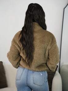 SAYEHFBABY 高领刺绣弹力纽扣细节羊毛夹克秋季舒适可爱休闲咖啡俱乐部冬季圣诞节 - 駝色 - 查看 2