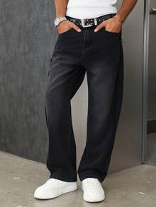 Manfinity EMRG Men's Casual Distressed Patchwork Design Washed Black Straight Leg Wide Jeans - Black - View 4