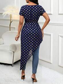 SHEIN Lady Women's Foil Print Twist Asymmetric Hem Blouse - Gold - View 2