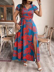 Breezaya Plus Size Boho Dusty Blue Long Dress With Red Random Print Deep V Neck Flounce Short Sleeve - Dusty Blue - View 4