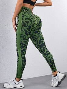 SHEIN 绿色提花休闲裤，简约时尚日常瑜伽女裤 - 彩色 - 查看 2