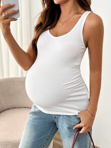 SHEIN Maternity Solid Color Ruched Sweetheart Neck Fitted Fashion Tank Top Summer - White - View 3