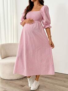 SHEIN Maternity Plaid Print Square Neck Casual Versatile Dress, Summer Holiday Outfits , Summer Outfits, Summer Clothes - Pink - View 4