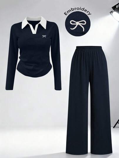 Airaco Plus Size Bow Embroidered Top And Pants 2 Pieces Set