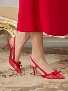 CUCCOO TILAWA Sapatos de salto alto elegantes e modernos com bico fino e detalhe de laço, perfeitos para o dia a dia. - Vermelho - Ver 3