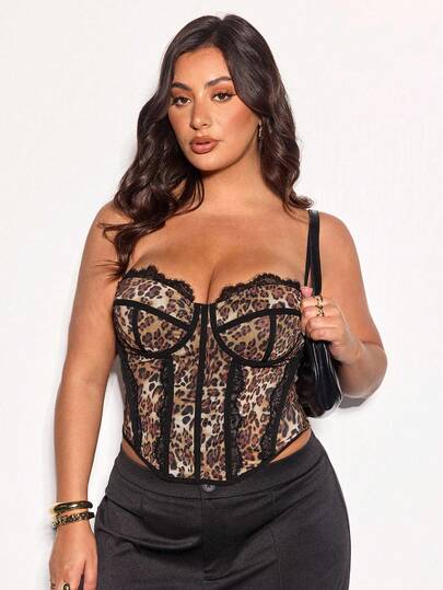 SHEIN BAE Summer Beach Vacation Plus Size Clothing Holiday Clothing Party Gathering, Date Travel, Go Out And Play Tops,Women Leopard Print Mesh Splice Lace Trim Camisole Top Sexy Vest, Versatile For Going Out, Date Night, Themed Party, And Concert Outfits