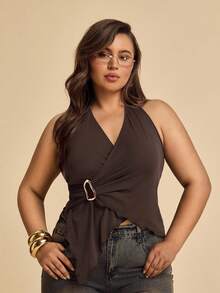 SHEIN BAE Áo tank top nữ cỡ lớn màu nâu, vạt áo bất đối xứng, trang trí khóa kim loại, gợi cảm, phù hợp cho đi chơi hàng ngày, đi làm, thư giãn, trà chiều, mùa hè, áo dễ thương, áo hè dễ thương, phong cách Boho, kỳ nghỉ, du lịch - màu nâu - Xem 2