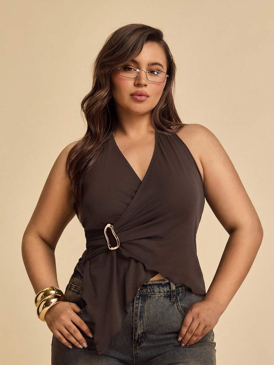 SHEIN BAE Áo tank top nữ cỡ lớn màu nâu, vạt áo bất đối xứng, trang trí khóa kim loại, gợi cảm, phù hợp cho đi chơi hàng ngày, đi làm, thư giãn, trà chiều, mùa hè, áo dễ thương, áo hè dễ thương, phong cách Boho, kỳ nghỉ, du lịch