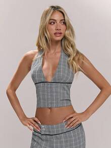 Sweetina Backless Plaid Halter Deep V-Neck Women Tank Top - Grey - View 3