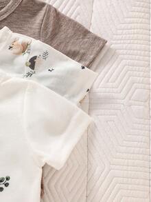 SHEIN 3件套新生儿/婴幼儿男女童可爱休闲简约舒适柔软透气短袖连体衣，萌熊印花图案，适合春、夏、秋、冬四季日常穿着、生日派对、摄影等场合 - 棕色 - 查看 6