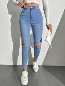 SHEIN PETITE 98% Cotton Women's Skinny Ripped Jeans ,Petite Women - Baby Blue - View 3