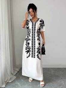 Rafferiza 女士V领露肩袖印花优雅长裙 - 杏色 - 查看 5