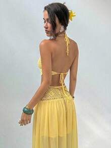 Conjunto 2 Piezas Mujer Top Punto Sin Mangas con Flores 3D + Falda, Estilo Halter de Ganchillo y Gasa, Diseño Bohemio Tropical, Ideal para Verano, Playa, Vacaciones, Otoño e Invierno, - Amarillo - Ver 2