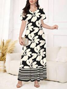 Al Najma 女士优雅V领短袖印花针织连衣裙，可作外衣或内搭/工作服穿着，适合约会、度假、日常穿着、休闲、派对、节日等场合，秋冬季女士长裙，飘逸连衣裙，植物印花连衣裙，黑色连衣裙 - 黑色 - 查看 3