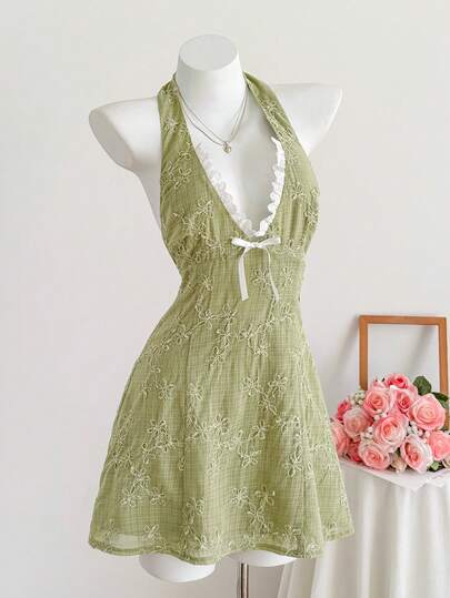 Comfortcana Women's Sexy Vacation Style Jacquard Contrast Color Bow Decor Backless Tie Neck Cinched Waist Mini Dress, Summer Women's Vacation Wear, American Casual, Valentine's Day, Carnival, Home Leisure, Beach, Holiday Summer Outfits For Women Spring Spring Break Outfits   Spring Clothes Women  Vacation Graduation  Women  Wedding   Party  Ceremony  Elegant  Vacation Outfits Casual Casual Women's Outfits  Beach Vacation Outfits For Women Summer Vacation Outfits  Green  Green Embroidered Texture Vacation Dress For Women