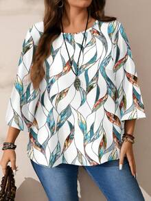 Mellowie Plus Size Women's Abstract Leaf & Geometric Print Casual Loose Fit Round Neck 3/4 Sleeve Blouse, Suitable For Vacation, Spring/Summer Spring - Multicolor - View 3