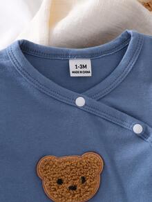 Newborn Baby Gray & Blue Solid Bear Pattern Top, Footed Pants, Hat & Mittens Set - Dusty Blue - View 6